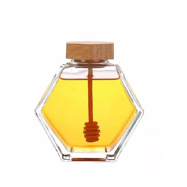 Hexagonal Honey Glass Jar 220ml with Wooden Lid