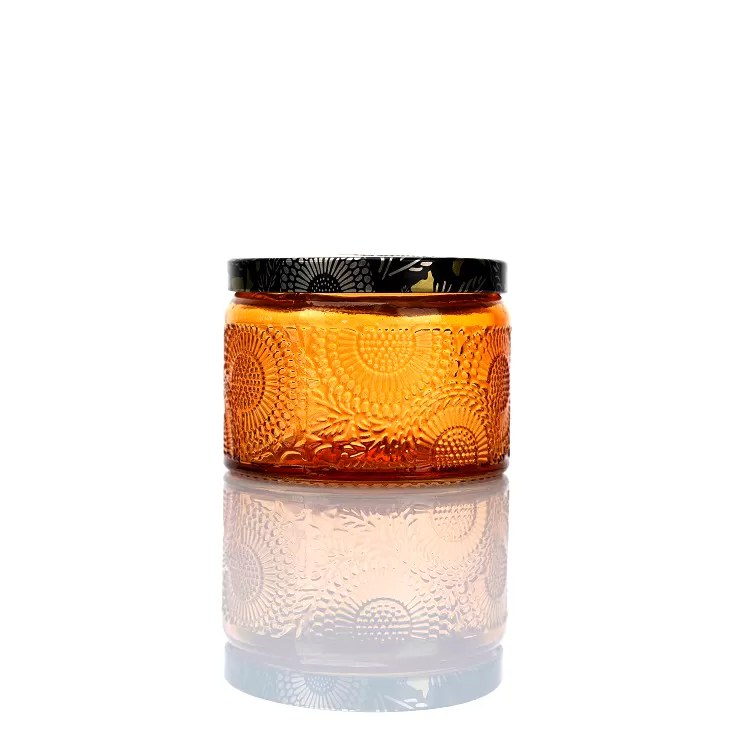 240ml Colorful Embossed Glass Candle Cup with Matching Lid